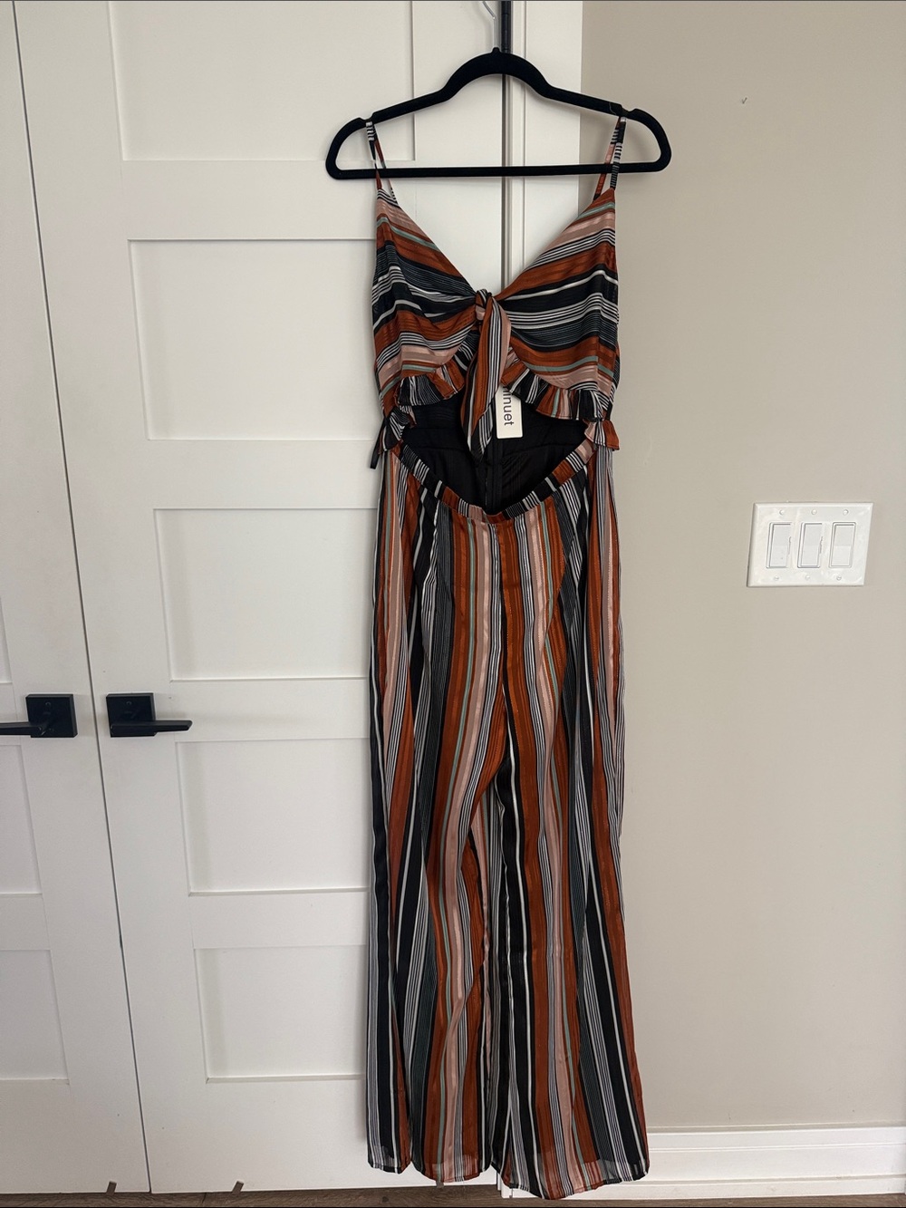 Minuet Petite Striped Tie-Front Wide-Leg Jumpsuit - Rust, Black, Gray